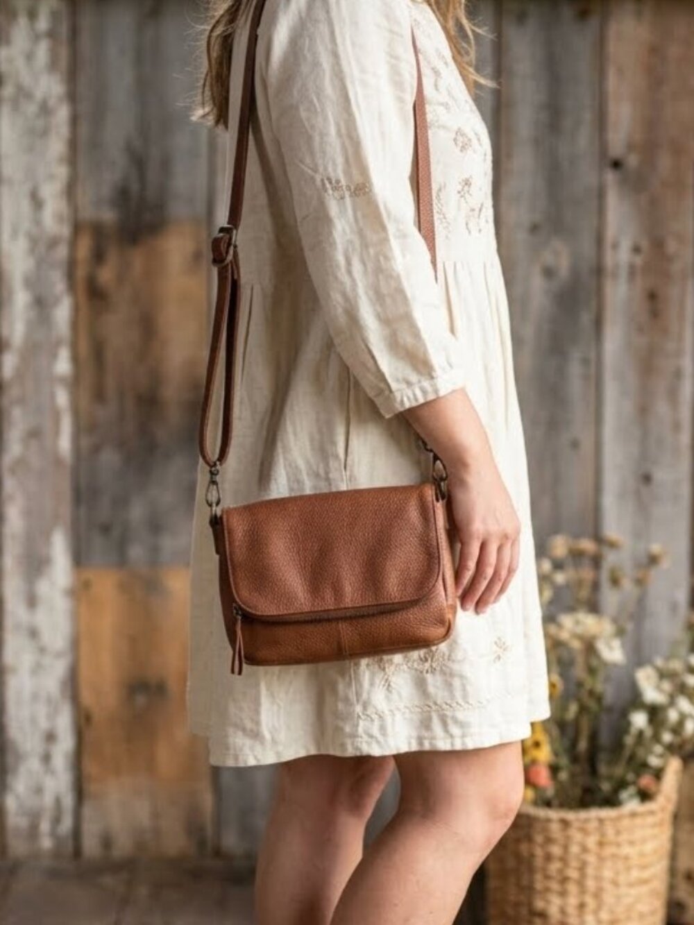 Vintage Margot Leather Crossbody Flap Bag in Cognac Brown Boho Earthy Rustic